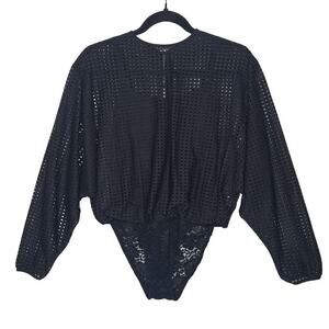 HAH Hot As Hell Black Mesh Lattice Lace Bodysuit Top Small Long Sleeve Goth